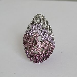 Bold Chunky Silver Tone GradientPink  Purple CZ Crystal Statement Cocktail Ring
